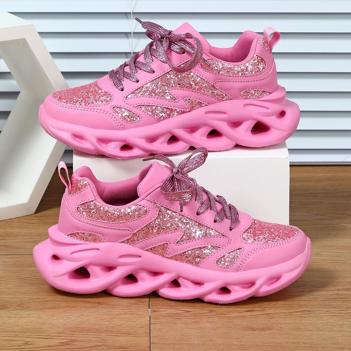 

Bling Leather Pink Women Sports Shoes Thick Sole Glitter Sparkling Women Casual Shoes High Quality Walking Shoes Ladies Sneakers 35 рожевий