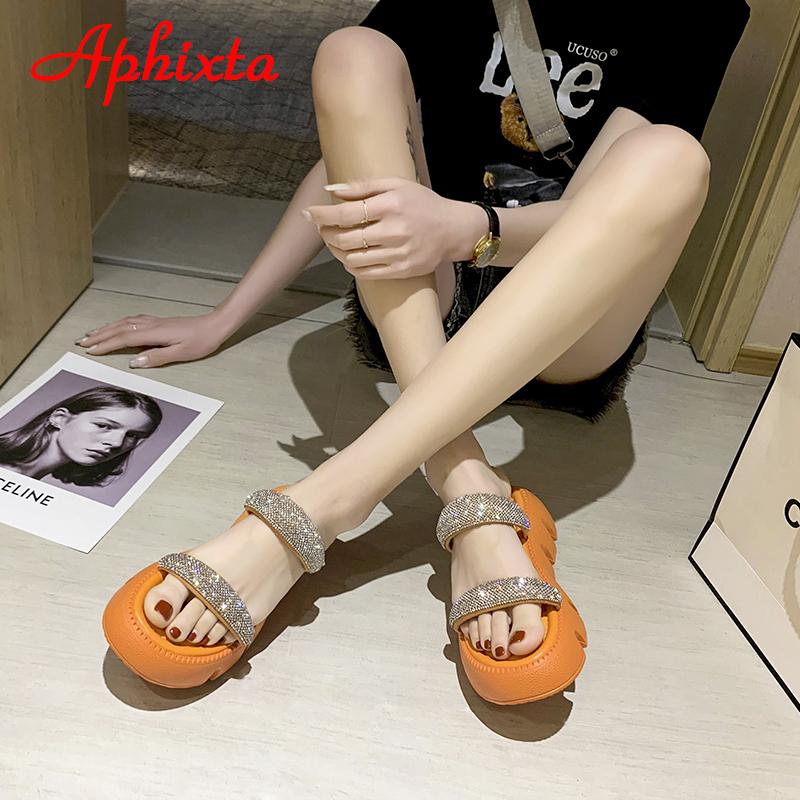 Fashion Aphixta 2025 New Summer Flat Platform Orange Slippers Women Sandals Luxury Crystals Shoes 5cm Chunky Sole Cool Slides