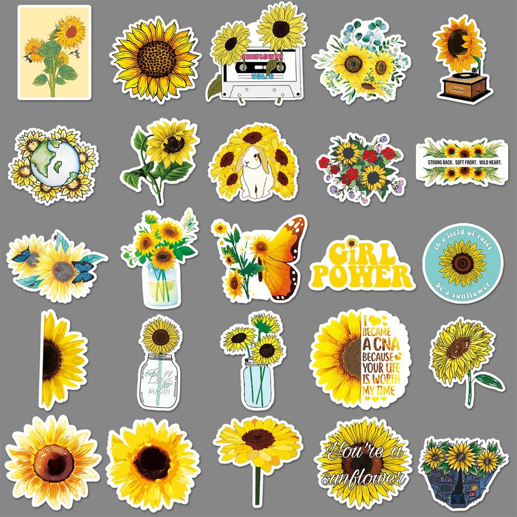 50 Waterproof Sunflower Cartoon Graffiti Stickers for Notebook & Luggage Decoration