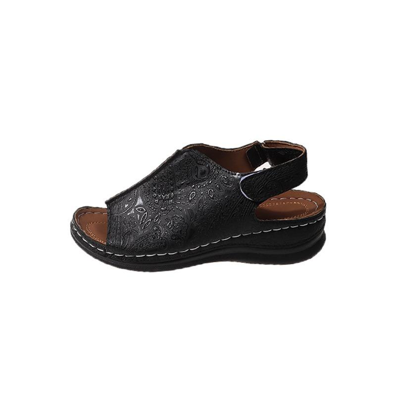 Summer new large size wedge heel sandals women's hollow flat heel open toe buckle with retro hole shoes