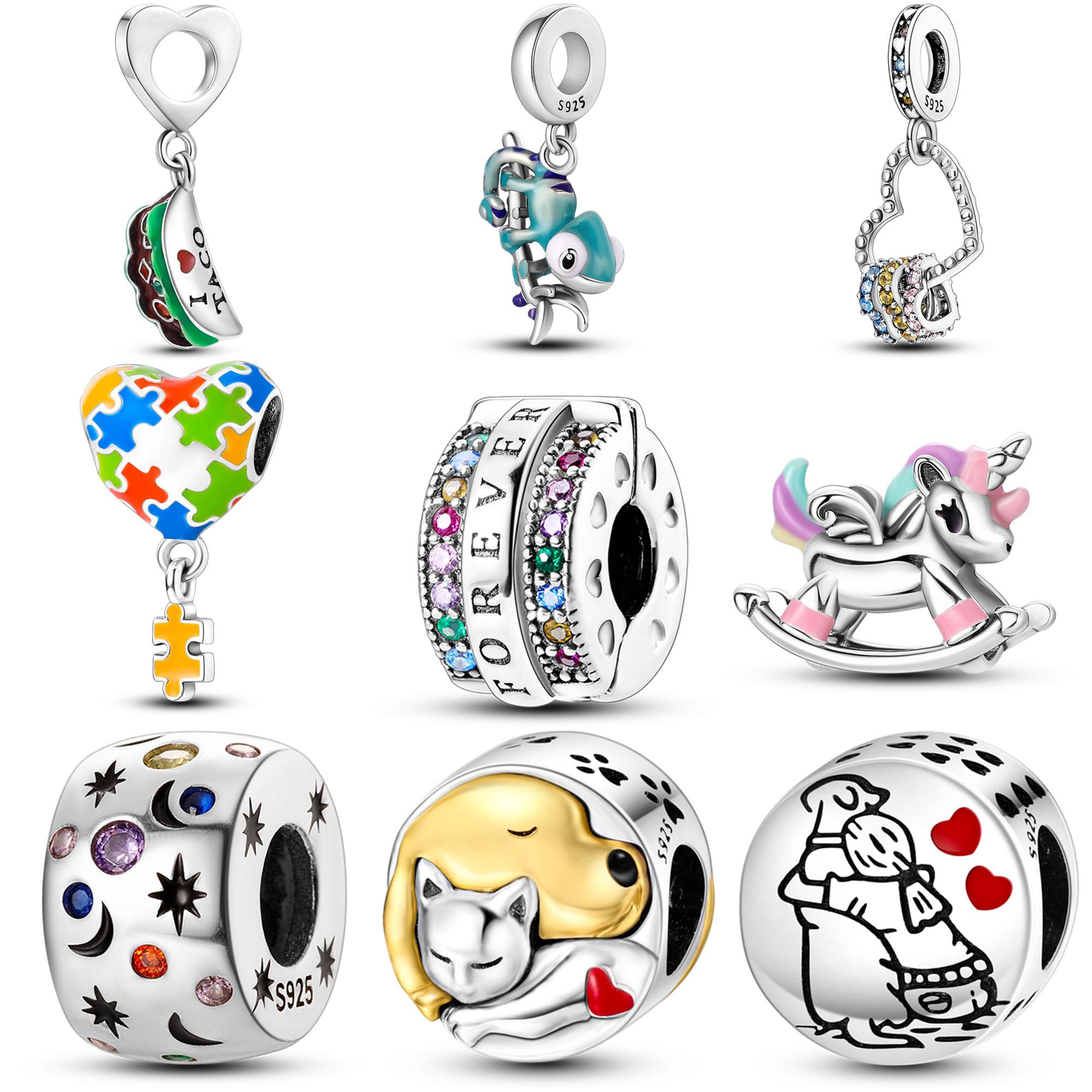 

Fashion Trend 925 Silver Irregular Beads Teeth Chameleon Dangle Unicorn Rocking Horse Charms Fit Original Charm Bracelet Diy