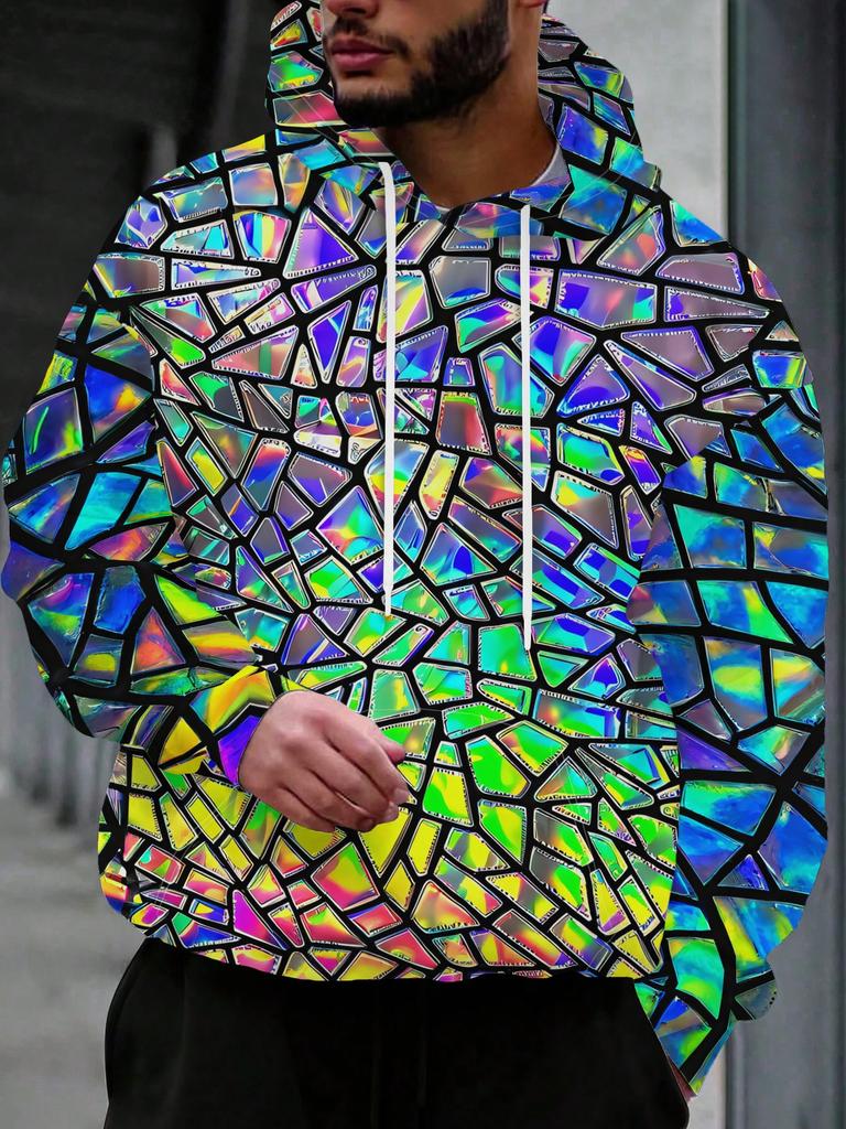 Women Iridescent Rainbow Broken Stained Glass Mosaic Full Print Hoodie Long Sleeve Colorful Street Casual Pullover Sweatshirt