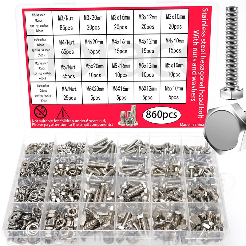 860pcs Stainless Steel Hex Head Bolt Assortment Kit w/Nuts+Washers+Springs - M3-M6 DIN933 Grade 8.8/10.9, A2/A4 Marine Grade
