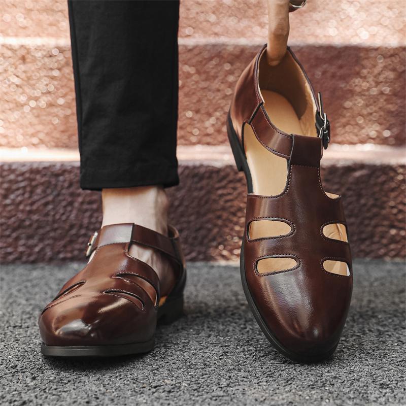 Fashion Summer New Hollowed Out Breathable Men's Sandals British Style Brown Outdoor Business Work Shoes Leather Casual Shoes for Men’s