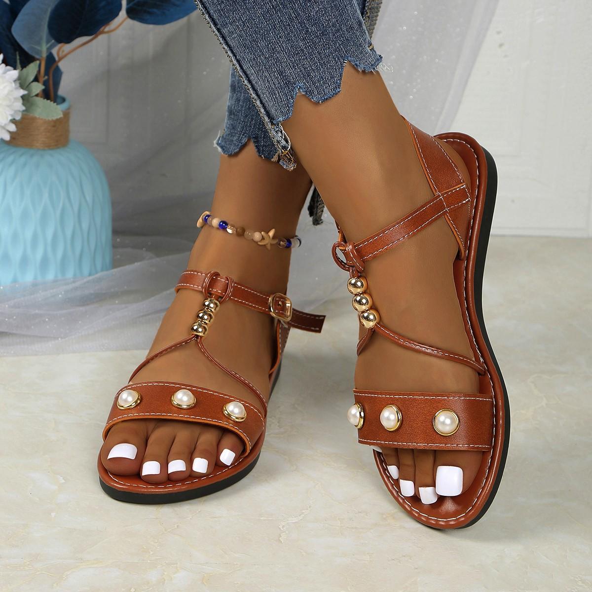 

Summer new casual women s shoes retro sandals women s pearl buckle strap flat bottom outer wear large size sandals 43 верблюд