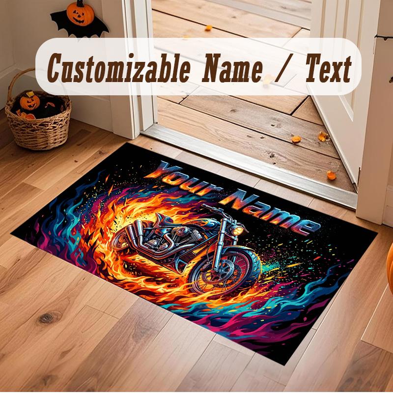 Motorcycle Biker Theme Soft Crystal Velvet Rug Custom Name & Text Print Non Slip Floor Rug for Bedroom Living Room
