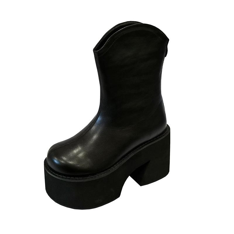 Round Ankle Boots Autumn Comfortable Soft Leather High Heel Boots Women's Fashion Zipper Simple Temperament Women's Shoes