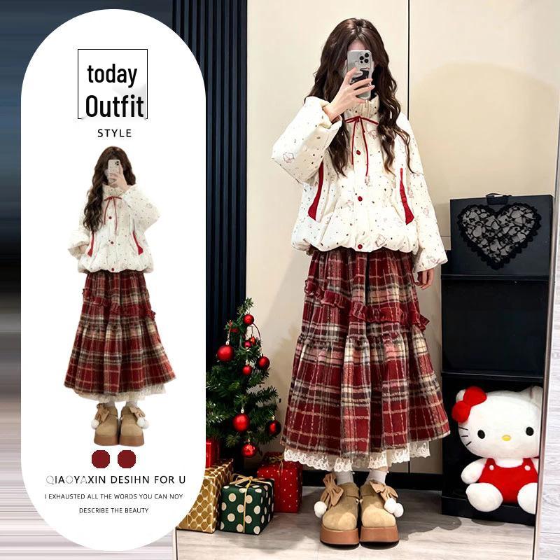 

Комплект: длинная клетчатая юбка и хлопковый жакет цвета слоновой кости для стильного образа французской студентки M [Recommended 95-105 jin]