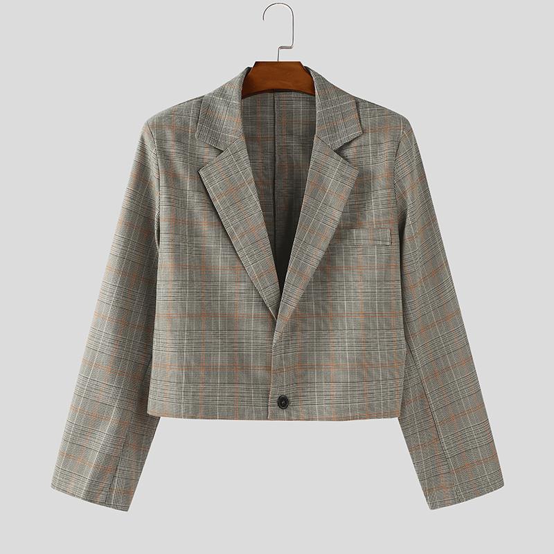 

INCERUN Men Lapel Long Sleeve Plaid Print One Button Casual Short Thin Blazer Coats