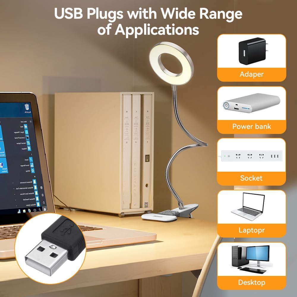 3 Color Modes 10 Brightness LED Reading Desk Lamp Usb Clamp Flexible Book Light Portable Read Light Desktop Light Night Light