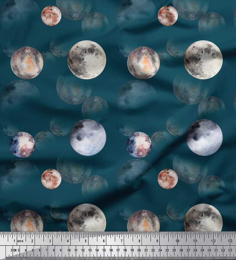 Soimoi Black Poly Crepe Fabric Planet Galaxy Decor Fabric Printed Metre 42 Inch