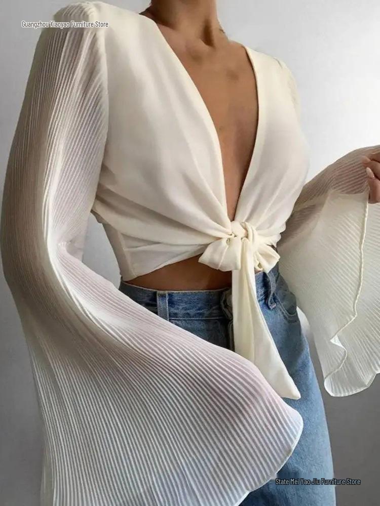 Elegant European Style Pleated Cardigan with Long Bell Sleeves and Lace-Up Chiffon Design