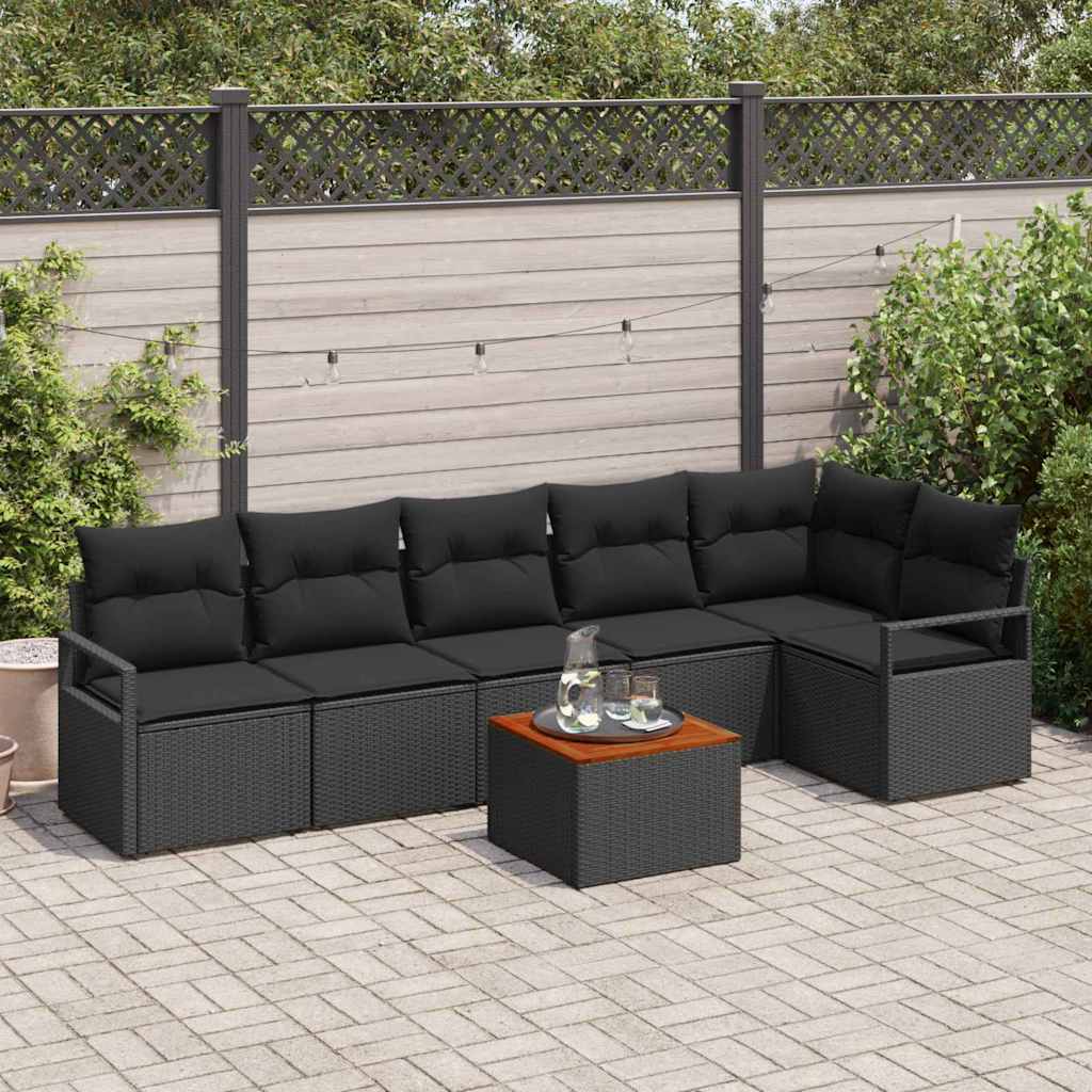 7 Piece Garden Sofa Set with Cushions Black Poly Rattan
