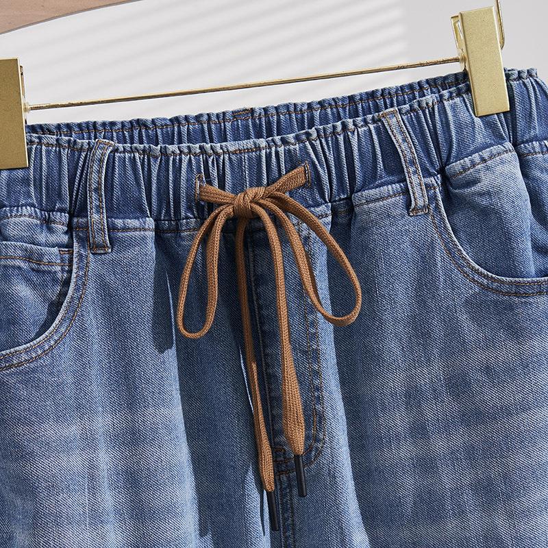 Plus Size Women Drawstring Elastic Waist Tapered Denim Dad Jeans Light Wash Ankle Pants Summer Casual Trousers 4XL-9XL