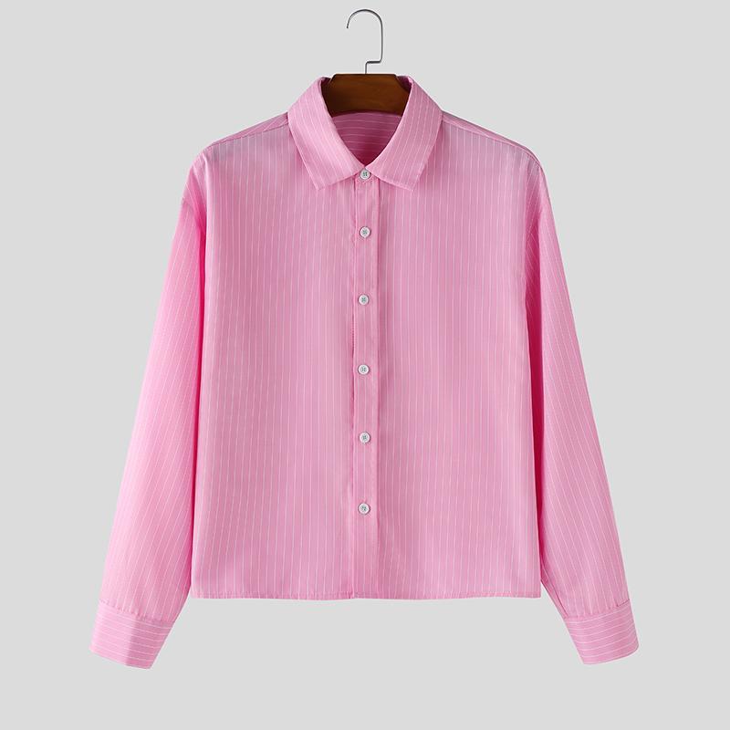 

INCERUN Plus Size Men Spring Turn Down Collar Long Sleeve Striped Shirts Casual Tops 5XL светло-розовый