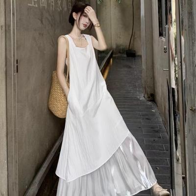 Elegant White Irregular Patchwork Spaghetti Strap Tank Dress