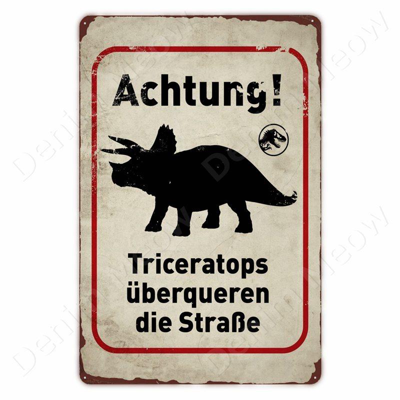 Vorsicht vor Dinosauriern Lustiges Vintage Blechschild Triceratops Plakette Wanddeko Garten Bauernhaus Außen Dekoration Vorsicht S