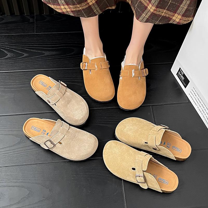 Leather women's one-pedal warm fluffy slippers women's outer bag head half slippers slippers