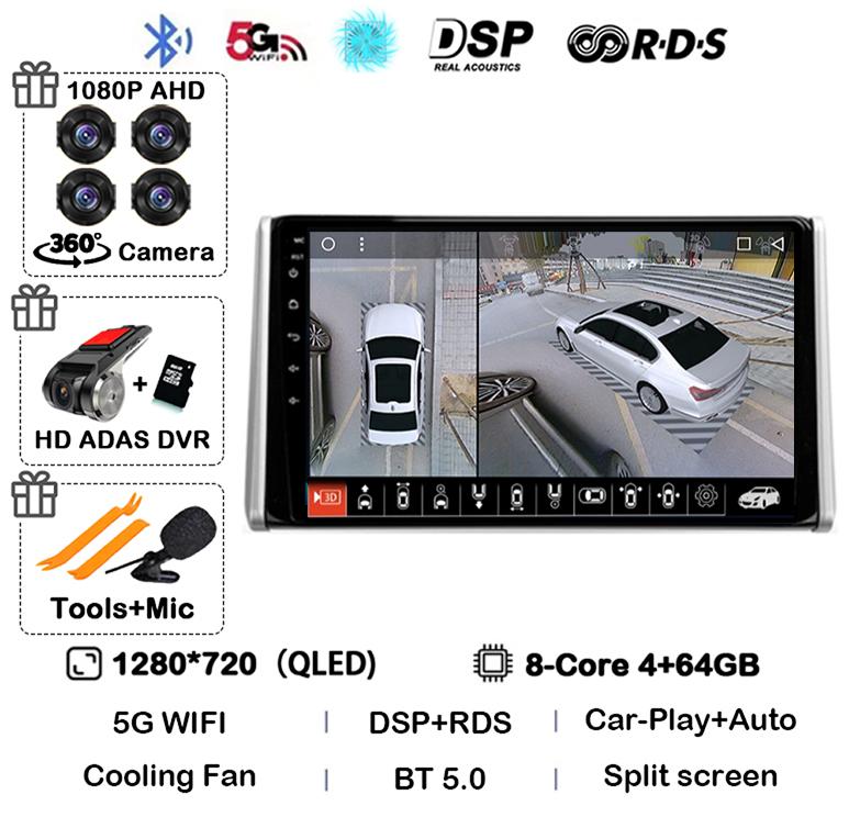 Android 14 Carplay Auto For Toyota RAV4 XA50 2018 2019 2020 Car Radio GPS Multimedia Player Stereo 4G WIFI 360 Camera Head Unit
