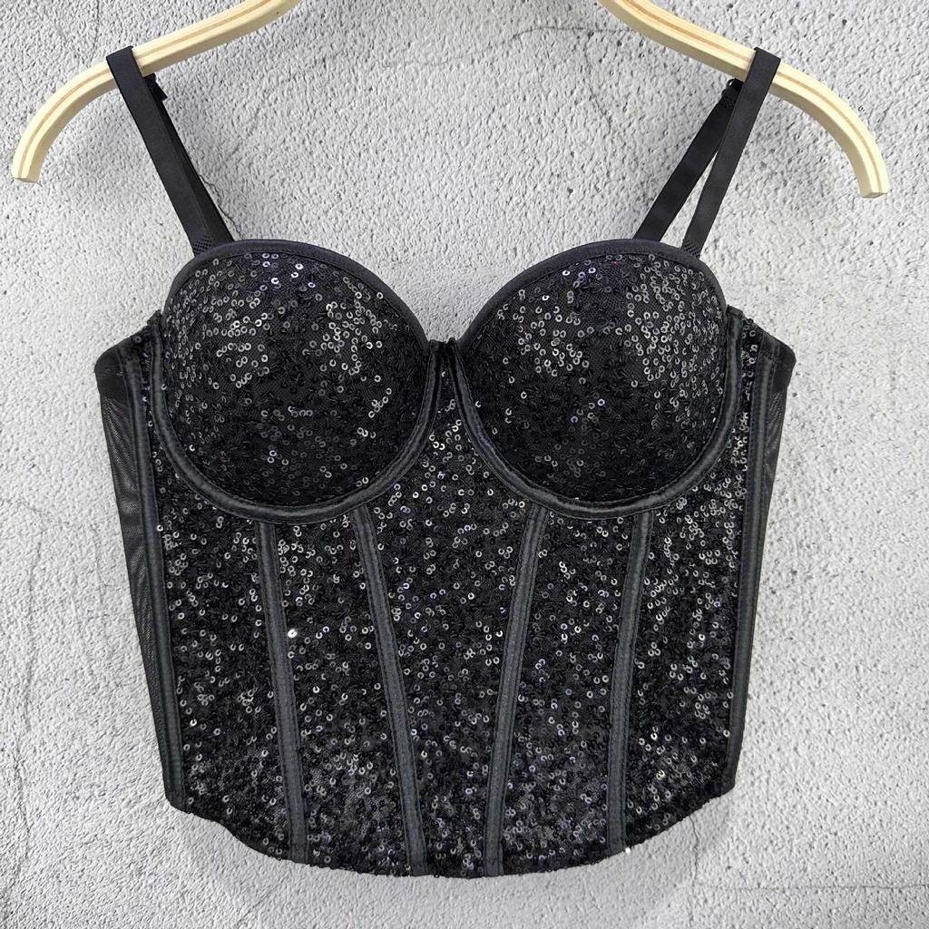 Pure Desire Style Fishbone Sequin Strapless Top Short Sexy Fitted Underwire Women's Waist-cinching Spring/summer Camis & Tank Tops