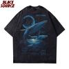 T105 H Herren Locker Amerikanischer Retro-Stil Wal-Print Kurzarm Rundhals Vielseitig Trendiges Paar Outfit
