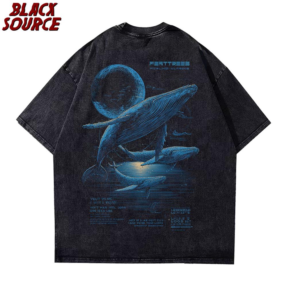T105 H Men Loose American Retro Style Whale Print Short Sleeved Round Neck Versatile Trendy Couple Outfit S