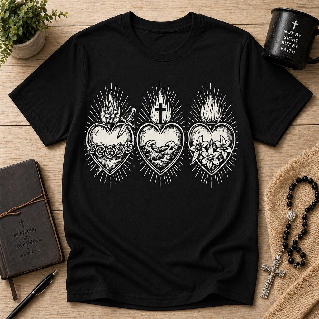 Sacred Heart Shirt, Three Hearts Catholic Graphic Tee, Vintage Religious T-Shirt