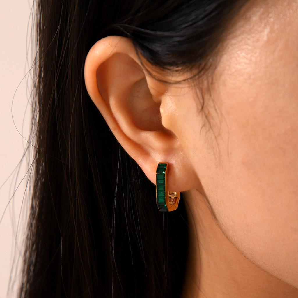 Fashionable U-shaped Stainless Steel Earrings for Women, Premium Light Luxury Zircon Inlaid Square Ear Buckles