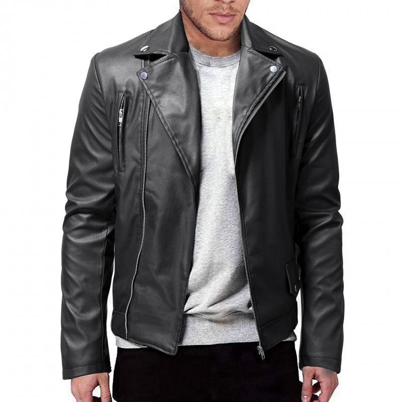 2022 Men's Fashion PU Leather Biker Jacket with Stand Collar - European and American Style