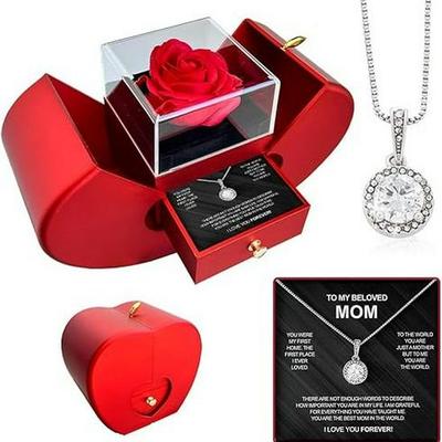 Set Regalo Scatola Portagioie Mela per San Valentino e Natale con Collana e Rosa