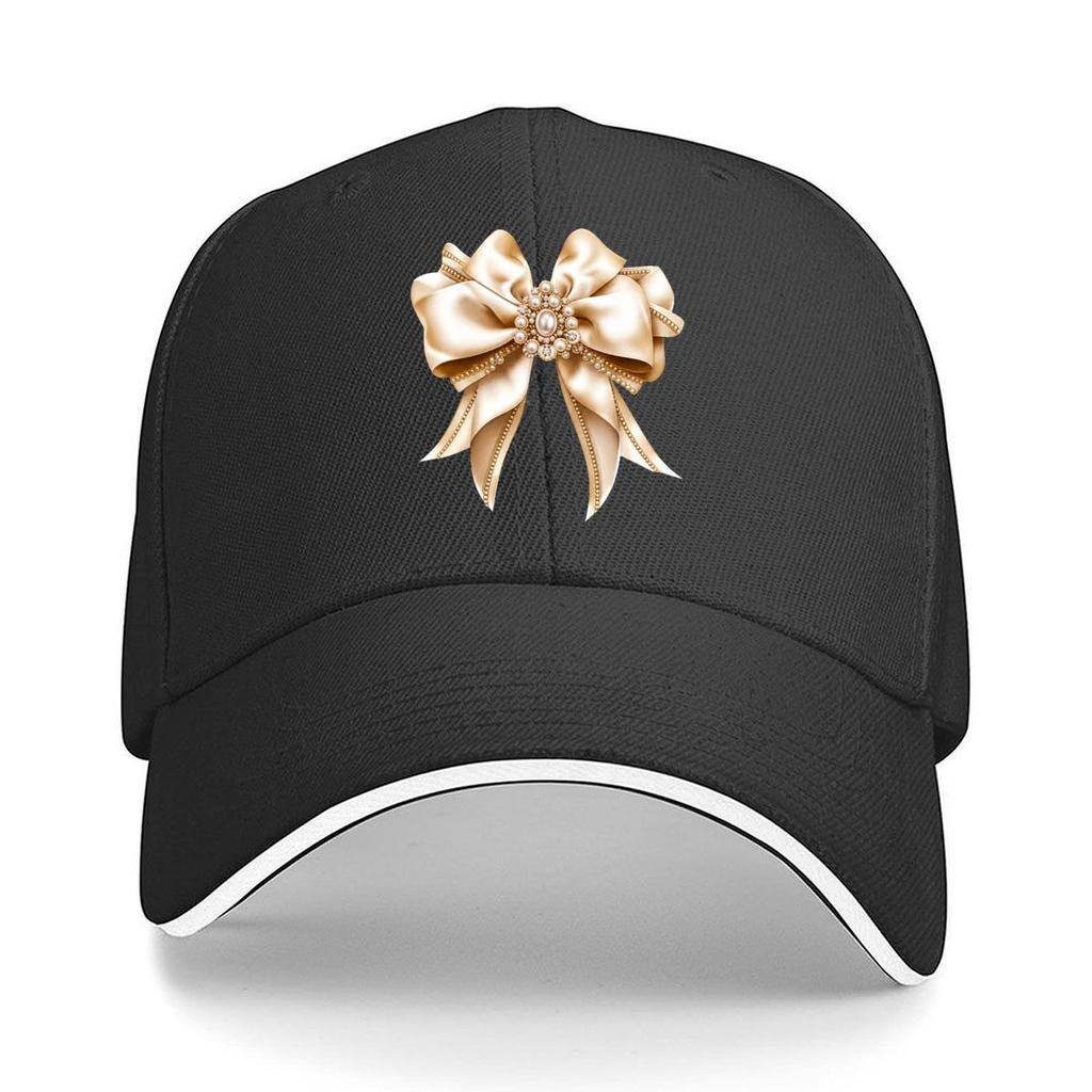 Champagne Satin Bow Pearl Rhinestone Coquette Ribbon Graphic Sandwich Baseball Cap Sun Cap Outdoor Workouts Hat