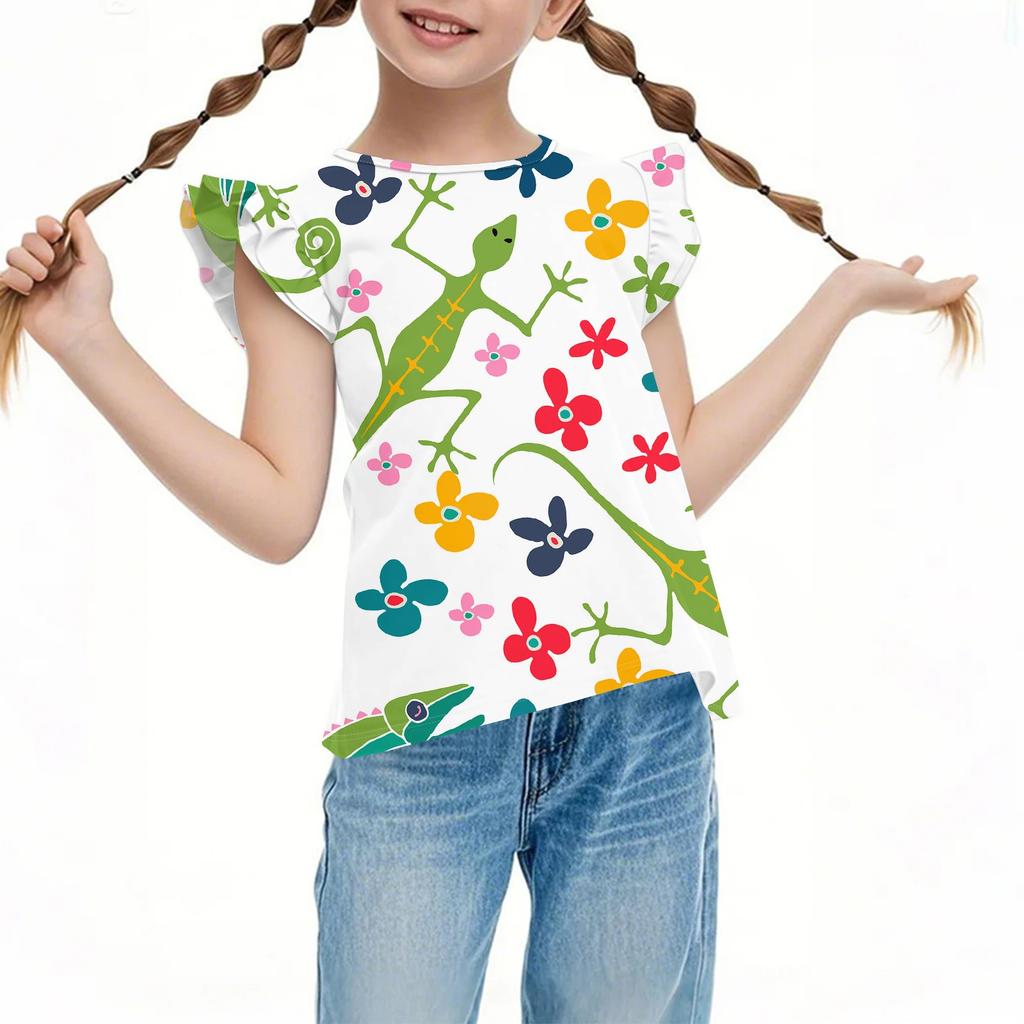 Children's Casual Short-Sleeved Pleated Cute Floral Printed Round-Neck Top