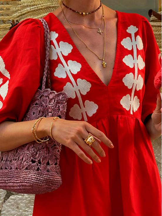 Vestido Casual Holgado para Mujer con Escote en V, Mangas Abullonadas y Espalda Descubierta 2025