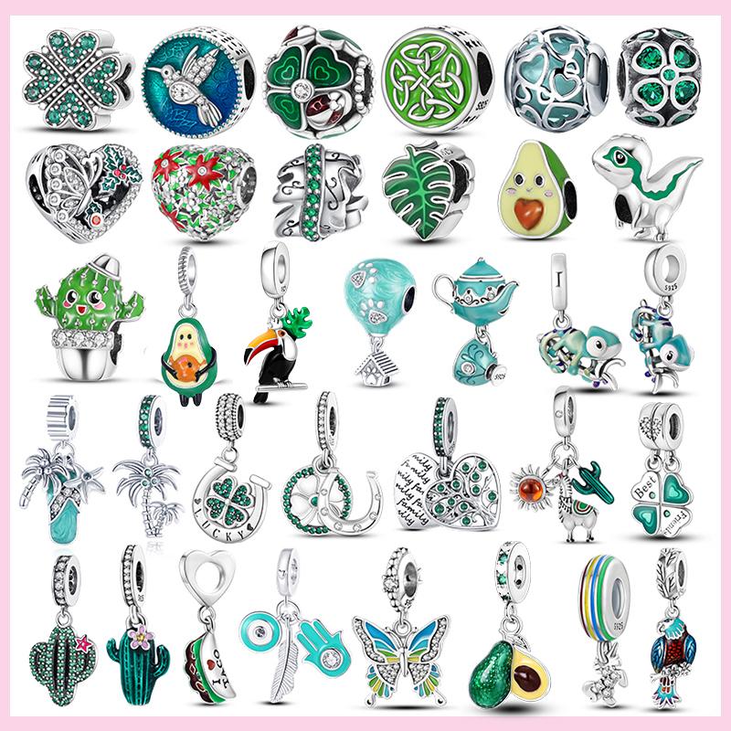 925 Silver Green Color Charms Temperament Cactus Avocado Charm Four Leaf Bead For Bracelet Jewelry Making
