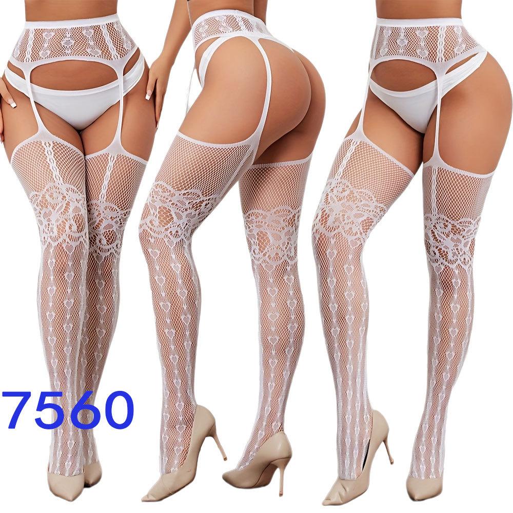 New style open crotch lace transparent suspender black silk sexy fishnet stockings non-slip one-piece suspender belt for women