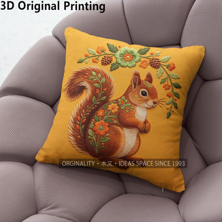 Embroidered Style Squirrel Floral Throw Pillow Covers Pattern Cushion Cover Suitable For Sofa Bedroom Car Pillow Cover