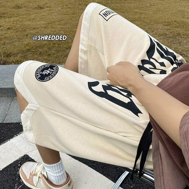 Chic Letter Embroidery Basketball Casual Shorts Men's Summer American Retro Fashion Capris