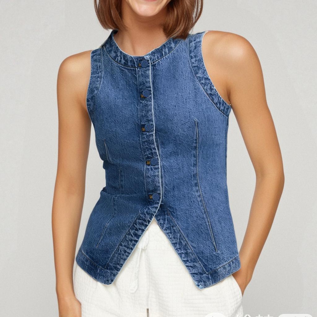 Women's Fashion Casual Sleeveless Button Down Denim Waistcoat