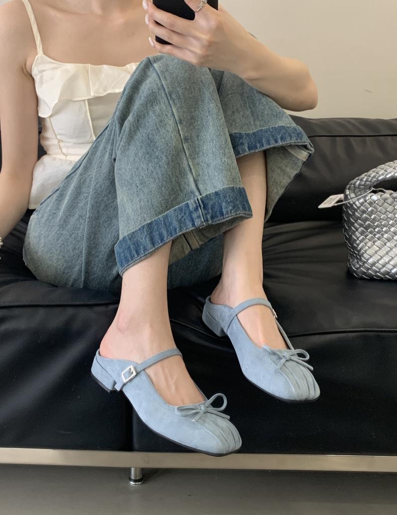 2025 Summer New Suede Bright Pleated Bow Square Head Soft Bottom Thick Heel Bag Head Slippers