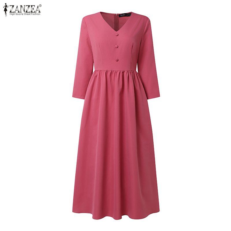 ZANZEA Abito Lungo Casual Elegante da Donna con Scollo a V, Colore Unito, Manica 3/4