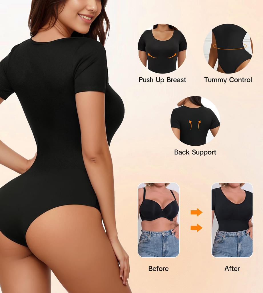 Damen Kurzarm Body Shapewear zur Bauchkontrolle Nahtlose T-Shirts Taillentrainer Schlankmachender Body Shaper Tanktops