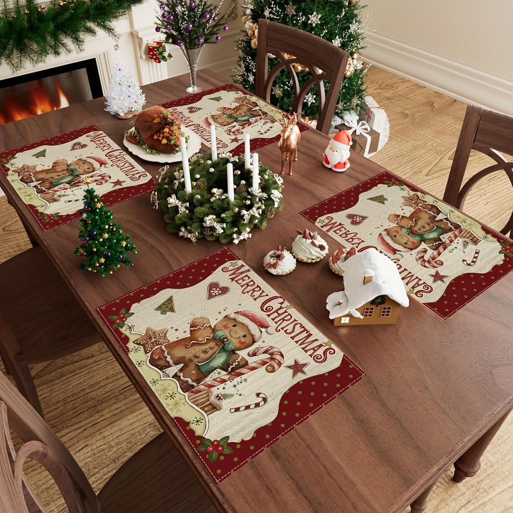 VIKAMA 4-Piece Christmas Gingerbread Man Placemats Family Christmas Party Holiday Table Decor and Accessories