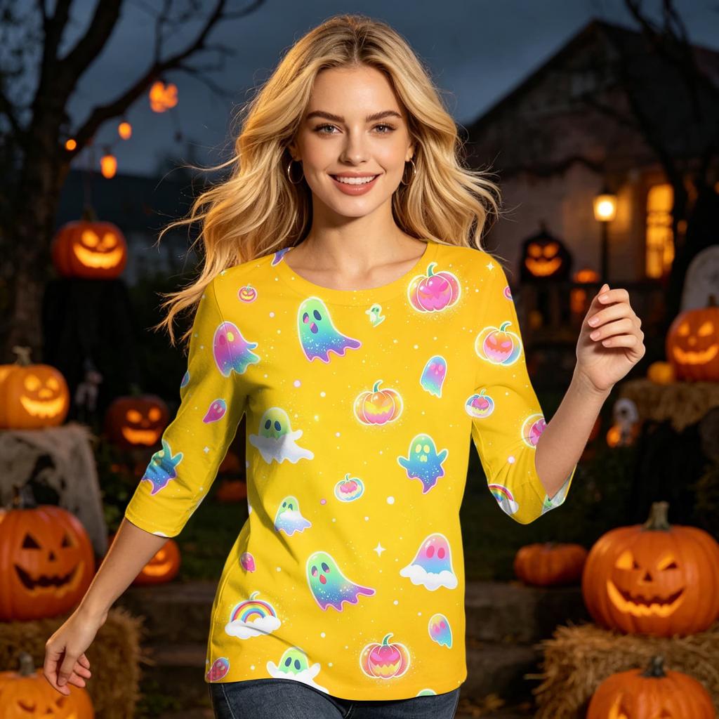 Women’s Casual Three Quarter Sleeve Crew Neck Top with Halloween and Pumpkin Print Loose Fit Comfortable Design