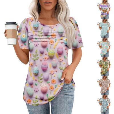 Camisa Feminina Elegante com Estampa, Gola Redonda, Plissada e Manga Curta