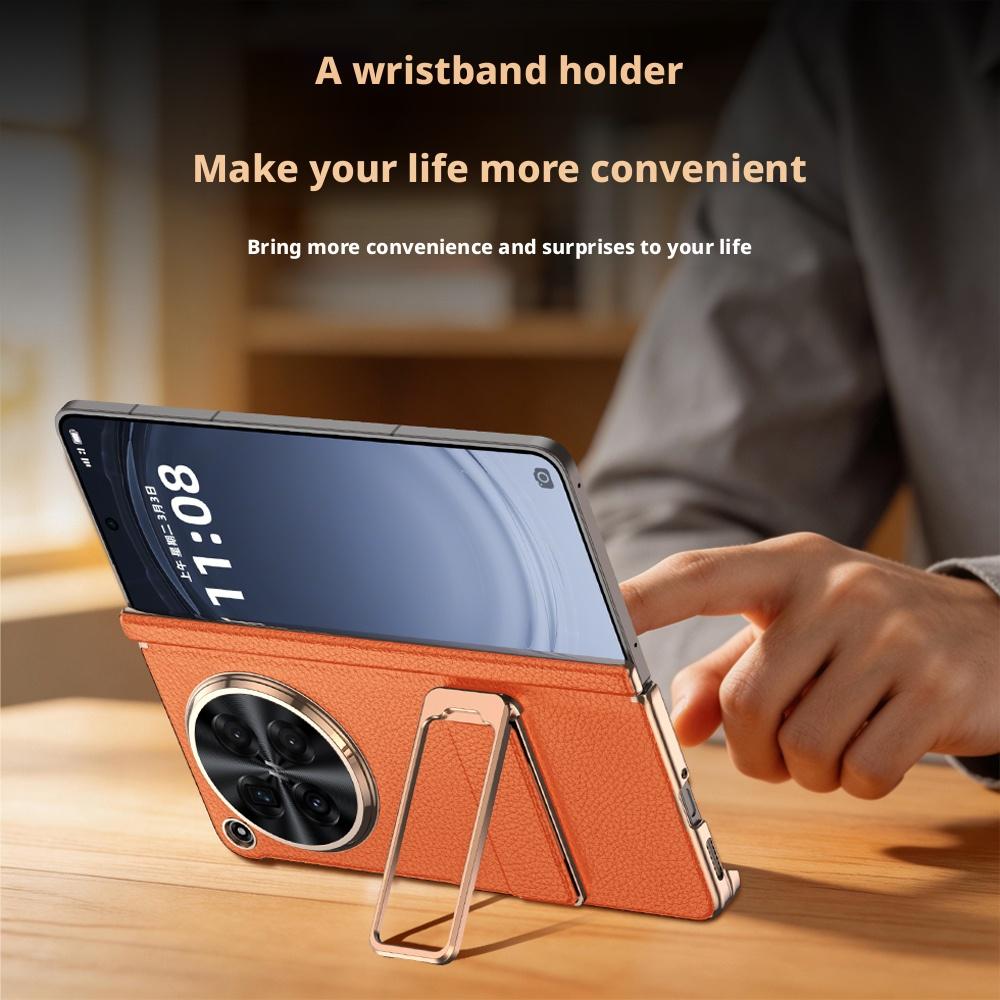 For Oppo Find N6 Case Genuine Leather Auto-Retracting Finger Grip Band Metal 270° Rotating Stand Dual Hinge Protection Cover