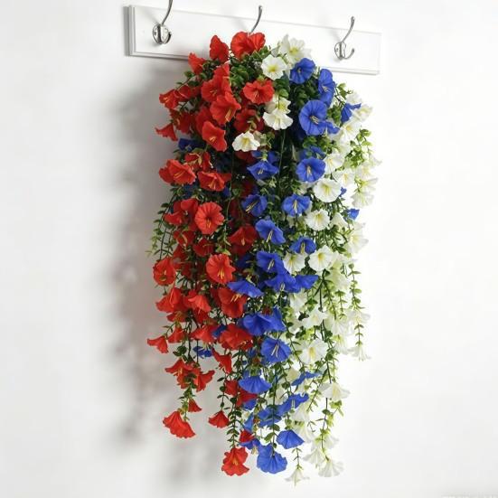 Patriotic Red White Blue Hanging Flowers Artificial Morning Glory Flower Vine UV Resistant Fake Plants for 4th of July Memorial Day Independence Day