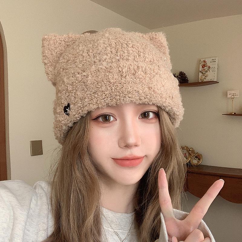 Cat Ears Warm Plush Knitted Beanies for Women Love Heart Embroidery Ear Warmer Cap Solid Color Windproof Pullover Hat Bonnet