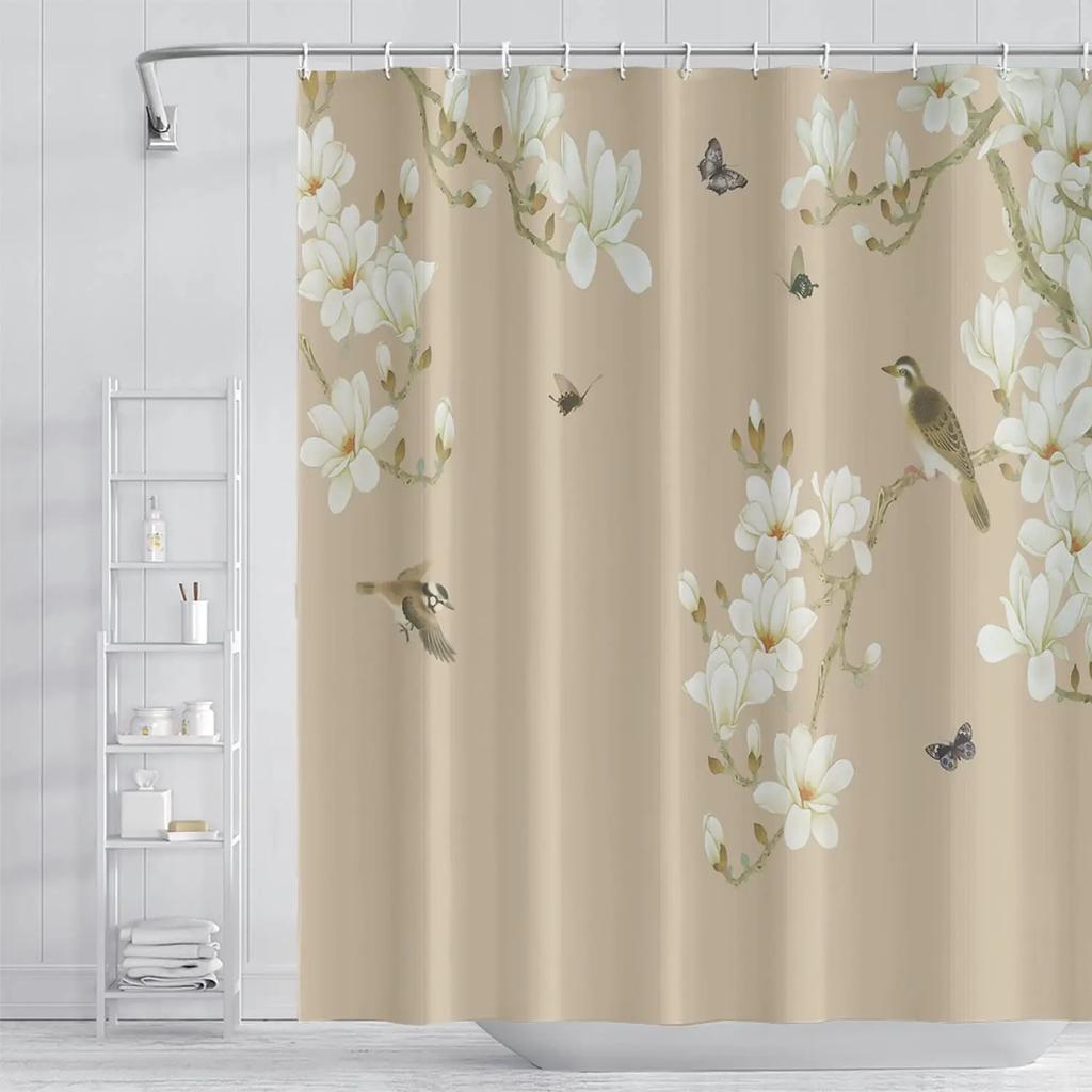 Tende da Doccia in Tessuto Impermeabile con Fiori Vintage Disegnati a Mano per Bagno, Tende da Bagno con Magnolie Decorazione Vasca da Bagno con Ganci