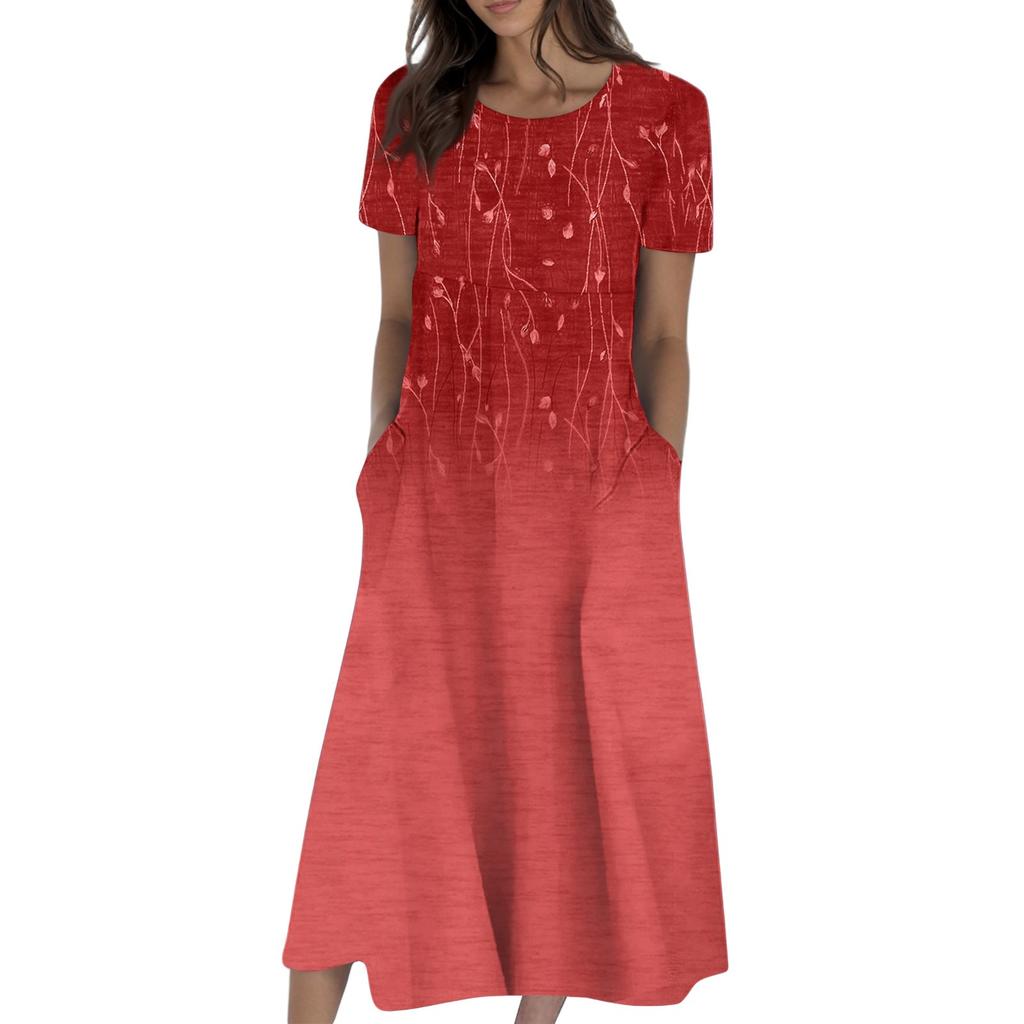 Women's Summer Casual Fashion Printed Short Sleeve Round Neck Pocket Dress