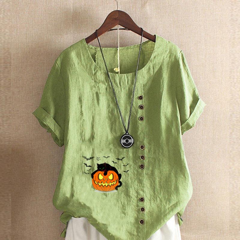Women's Fashion Round Neck Short Sleeve T-shirt Casual Cotton Linen Graphic Shirt Leisure Loosepumpkin Lantern Prined Summer Blouse Tops